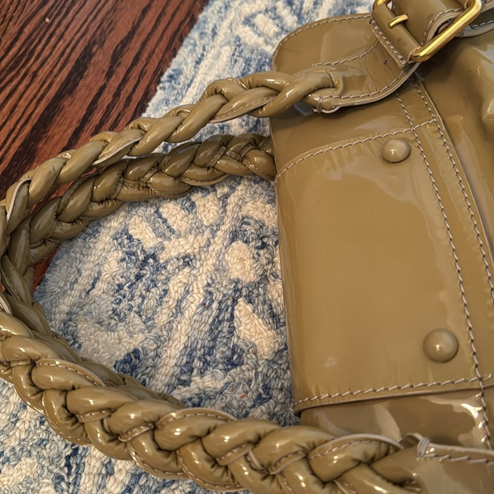 Valentino Garavani Camel Brown Braided-Handle Patent Satchel - Picture 13 of 13